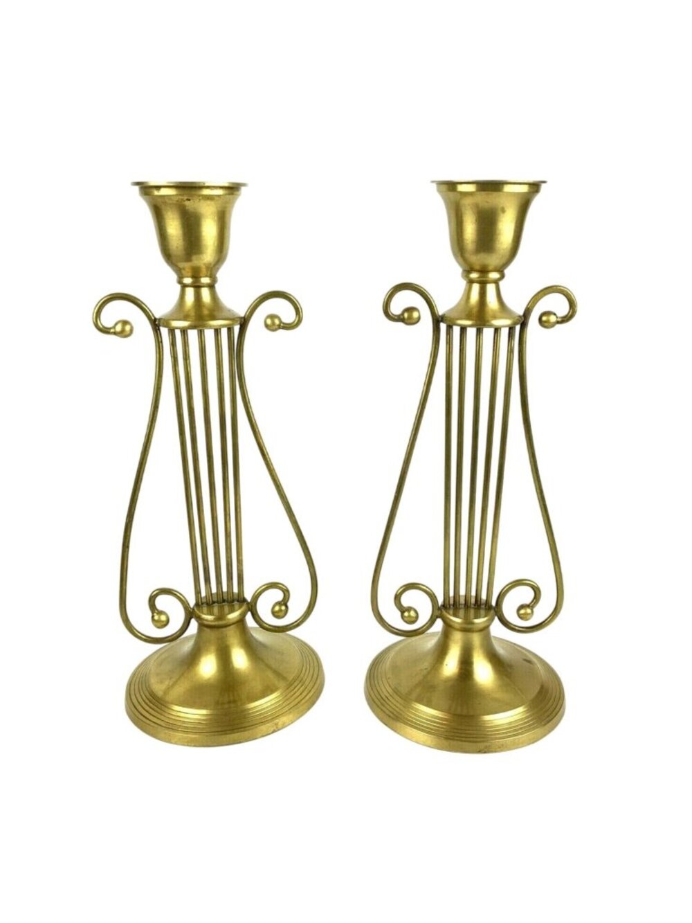 Vintage Brass Lyre Harp Candleholders Elegant Scrollwork Design Made In India